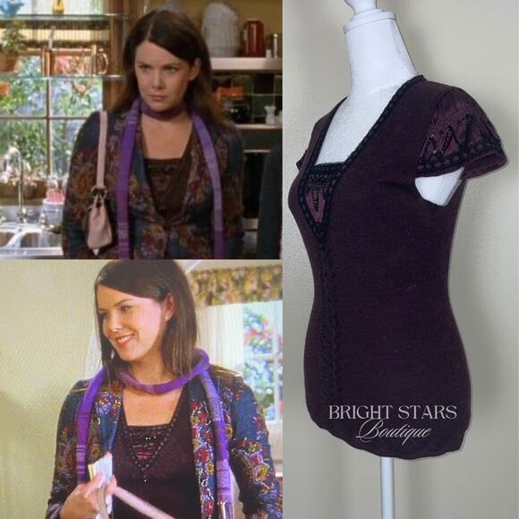 Extremely Rare Vintage Purple Beaded Wool Silk Top ASO Lorelai Gilmore Girls Y2K - Picture 3 of 10